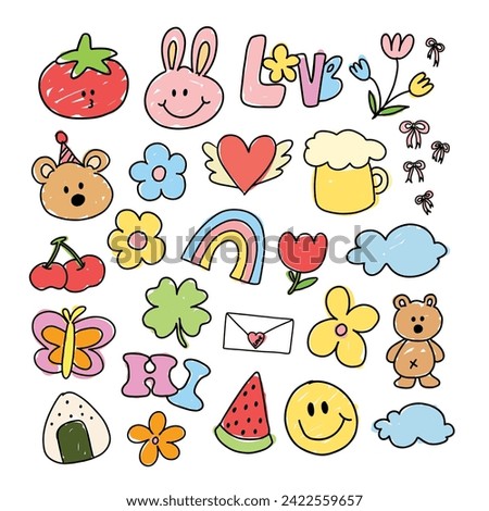 Kid drawing and kid colouring style of animals, flowers, fruits and summer picnic elements for stickers, logo, icon, clip arts, tattoo, decorations, print, card, social media, clothing, symbol, sign