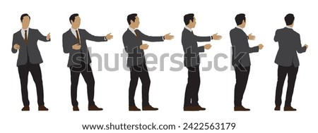 Vector concept conceptual silhouette of a man in a costume dancing  from different perspectives isolated on white background. A metaphor for expression, relaxation, leisure and lifestyle