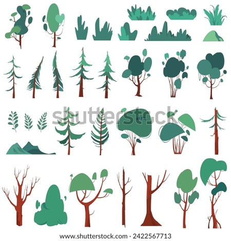 Forest set with trees, shrubs, bushes and tree trunks. Vector clip art illustrations on white background