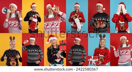 Man and woman in Christmas sweaters on color backgrounds, set of photos