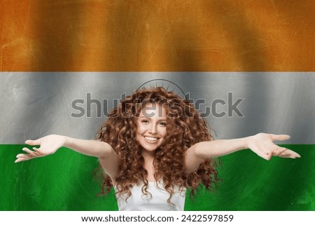 Happy woman on Indian flag background. Travel, learn hindi language and India concept