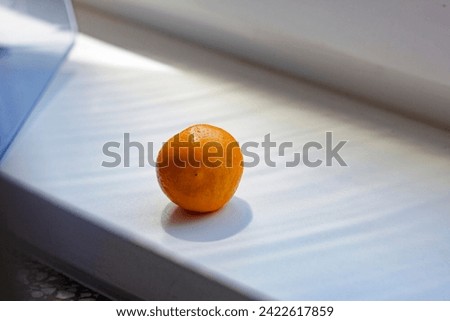 Real charming ripe tangerine on white among shadows of light