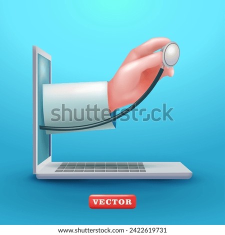 Doctor's hand holding stethoscope coming out of laptop screen, 3d vector. Suitable for online health