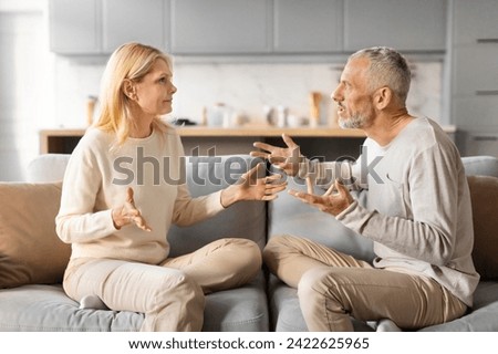 Senior married couple having fight, yelling at each other, gesturing sitting on sofa at home. Furious man shouting at his wife, spouses breaking up ready for divorce. Unhappiness, Conflict In Marriage