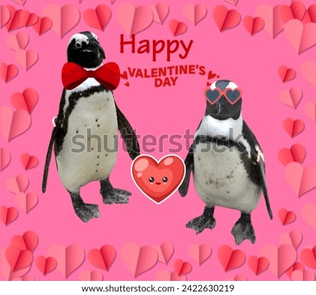 Beautiful Holidays, Happy Valentine’s Day card, photo with cute couple of animals, penguins and hearts 
