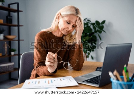 Photo of overworked business woman stressed blond hair lady headache pensioner cant stand financial issues and crisis in corporation
