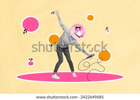Exclusive magazine collage image of funky lady disco ball instead head dancing singing karaoke isolated beige color background