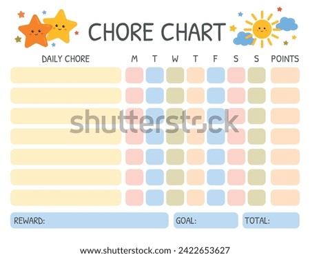 Chore Chart for kids. Daily Routine Responsibility Chart. To Do List. Kids reward chart, Habit Tracker. School Routine, Behavior Chart, Daily tasks Checklist for children, toddlers, preschoolers. Royalty-Free Stock Photo #2422653627