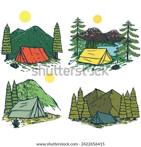 Set of camping in the mountains drawing illustration. Tent in forest illustration with vintage style. Camping logo	