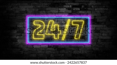 24 7 Neon Sinboard Vector. Open all day neon sign, design template, modern trend design, night signboard, night bright advertising, light banner, light art. Vector. Editing text neon sign.