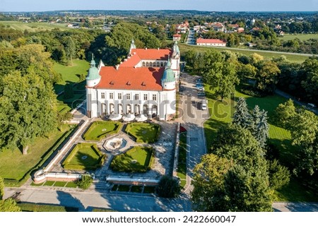 Renaissance castle, palace adn park in Baranow Sandomierski in Poland, often called â€œlittle Wawel". Aerial view. Royalty-Free Stock Photo #2422660047
