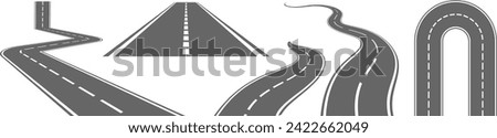 Lots of winding roads. Traveling along a curved highway. The road to the horizon in perspective. Curvy asphalt empty line isolated vector concept