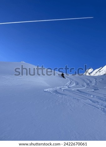 Heli-skiing and ski touring on a cloudless day with fresh powder Royalty-Free Stock Photo #2422670061