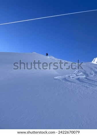Heli-skiing and ski touring on a cloudless day with fresh powder Royalty-Free Stock Photo #2422670079