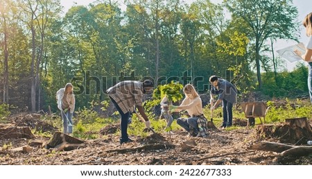 Side-view of cute lovely couple of handsome African American man and beautiful Caucasian woman participating in forestation. Young caring volunteers planting trees. Reforestation concept. Royalty-Free Stock Photo #2422677333