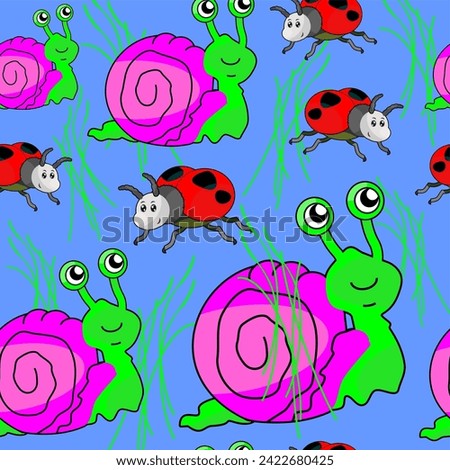 seamless pattern with snail, ladybug on the grass