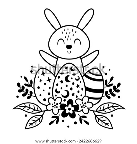 Black and white Easter bunny clipart. Happy Easter clip art in cartoon flat style, perfect for scrapbooking, stickers, tags, greeting cards, party invitations, decor. Vector illustration.