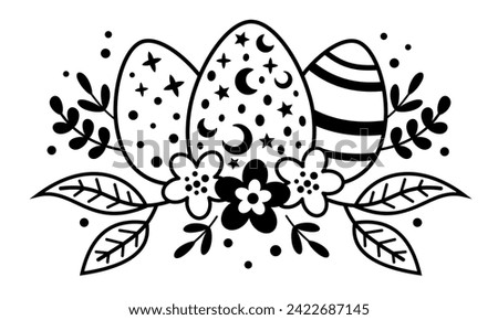 Black and white Easter eggs clipart. Happy Easter clip art in cartoon flat style, perfect for scrapbooking, stickers, tags, greeting cards, party invitations, decor. Vector illustration.