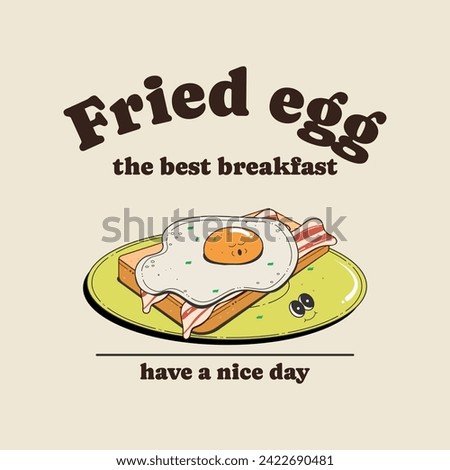 Poster, sticker, print with a cute cartoon fried egg with bacon on toast. trendy vector illustration in retro style of the 60s-70s for cafe and restaurant menus.