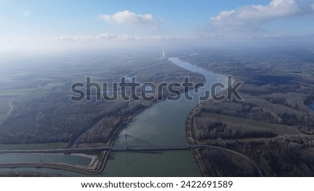 Drone picture of the Danube River in Lower Austria with fields around