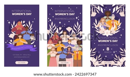 IWD Inspire Inclusion campaign, International Women's Day 2024 Vertical social media stories template collection features a diversity of women making the heart gesture with their hands.  Royalty-Free Stock Photo #2422697347