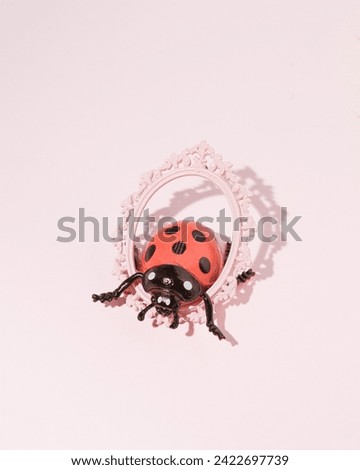 Ladybug coming out of oval picture frame, creative aesthetic springtime concept.