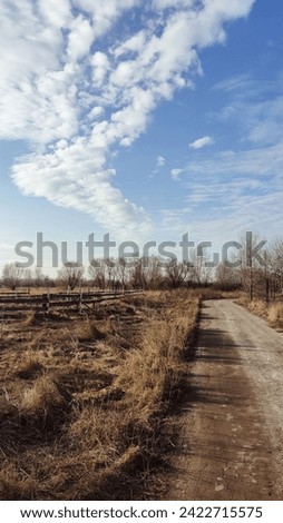 Beautiful landscape with cloudy sky, rural gravel road, wooden fence on bright sunny early spring day, beautiful natural nature without people, vertical photo