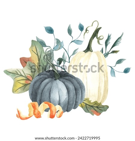Watercolor blue and white pumpkin composition, floral pumpkins, Halloween clip art, autumn design elements, fall arrangement, Harvest clip art isolated on white background.