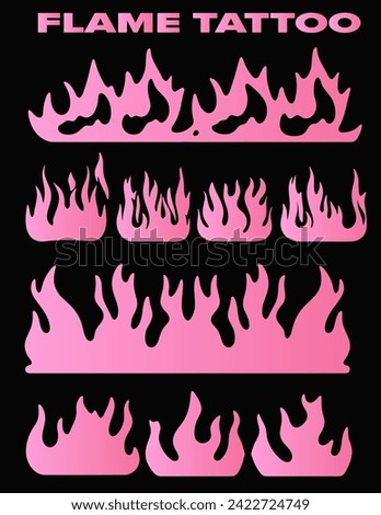 Set of pink fire flames on a dark background. Vector illustration for flash tattoo and stickers.