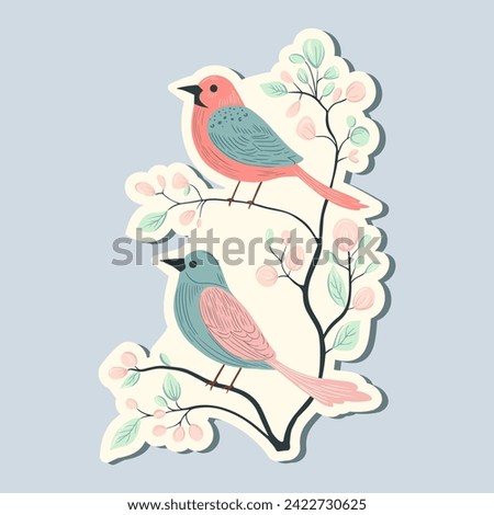 Spring sticker birds. Hand drawn style. Springtime element. Vector seasonal element.
