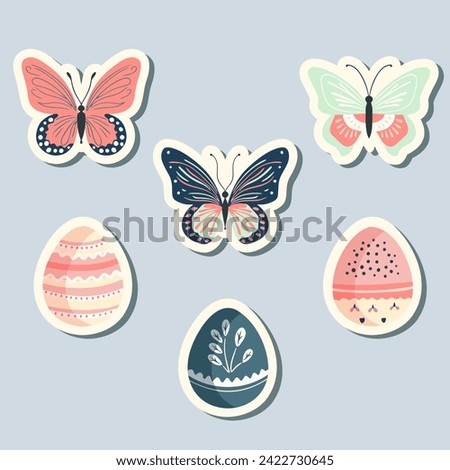 Spring stickers  butterflies and easter eggs. Hand drawn style. Springtime element. Vector seasonal element.