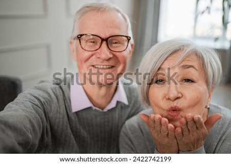 Happy senior woman man talk on video call with friends family. Mature old grandmother grandfather talking speaking with grown up children online. Older generation modern tech usage. Webcamera view Royalty-Free Stock Photo #2422742199