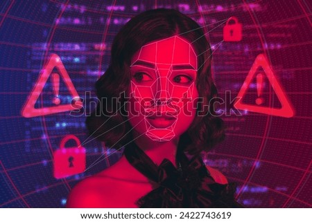 Creative futuristic abstract collage of female young girl authorize to global network access denied Royalty-Free Stock Photo #2422743619