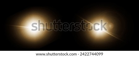 Easy to add lens flare effects for overlay designs or screen blending mode to make high-quality images. Abstract sun burst, digital flare, iridescent glare over black background. Royalty-Free Stock Photo #2422744099
