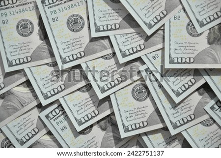 Processed collage of many US hundred dollar bills banknotes texture. Background for banner, backdrop or texture for 3D mapping
