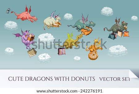 Vector set of cartoon dragons with donuts