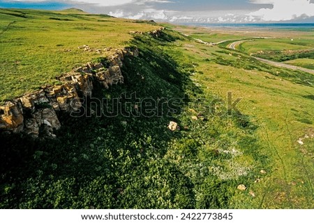 Aerial image of Head-Smashed-In Buffalo Jump Provincial Park, Alberta, Canada