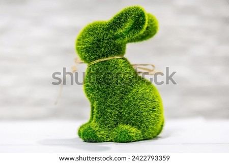 Studio photo of concept Easter Bunny, grass bunny, blurry background, close up view

