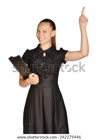 Girl in dress standing and holding clipboard. Shows forefinger to the top