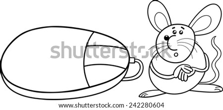 Black and White Cartoon Vector Illustration of Funny Mouse Rodent and Computer Mouse for Coloring Book
