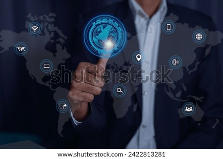 Business people may use the Internet to network and search for information on mobile devices using Artificial intelligence digital technology
