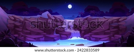 Night tropical landscape with cascade waterfall in jungle under starry sky and full moon light. Cartoon vector dark scenery with river water fountain flowing on rock cliff with palm trees on shore. Royalty-Free Stock Photo #2422833589