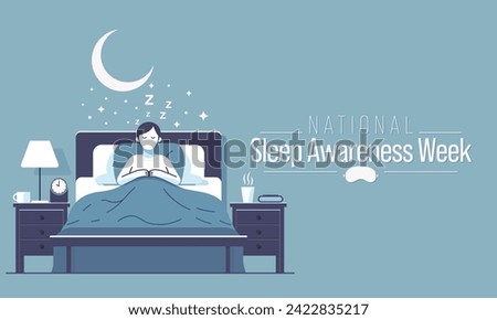 Sleep awareness Week is an annual event celebrated each year in March. This is an opportunity to stop and think about your sleeping habits, consider how much they impact your well-being. Vector art Royalty-Free Stock Photo #2422835217