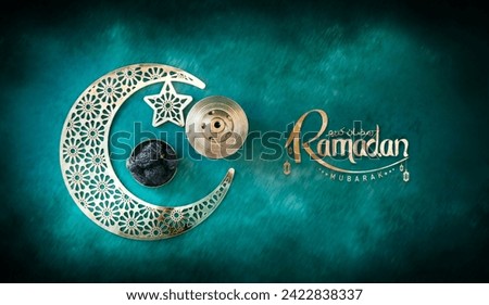 Ramadan Mubarak background 2024 poster design, Ramadan Kareem and Eid Mubarak banner type greeting image, Flatly image of golden crescent moon with dates and lantern lamp isolated on green texture