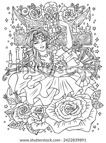 Fantasy engraved illustration with beautiful gypsy woman as witch or magician for coloring page. Hand drawn graphic line art with ethnic concept as tattoo, poster or card. 
