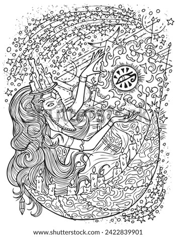 Fantasy engraved illustration with beautiful arabian woman as witch or magician for coloring page. Hand drawn graphic line art with ethnic concept as tattoo, poster or card. 