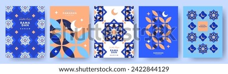 Ramadan Kareem poster, holiday cover set. Islamic greeting card, banner template. Arabic text mean Ramadan Kareem. Modern design with geometric pattern overlay effect in blue and trendy peach colors Royalty-Free Stock Photo #2422844129