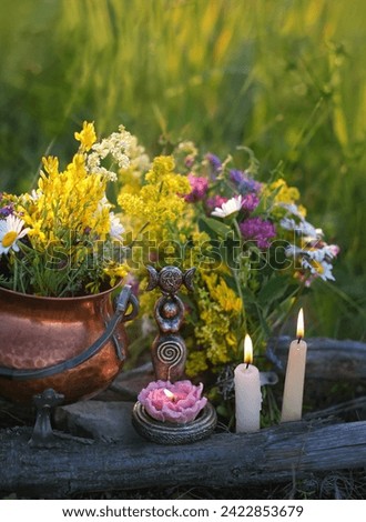 wiccan Goddess Candlestick, Copper witch cauldron with flowers, magic things, candles on meadow, natural background. herb lore, occult. esoteric ritual, witchcraft, spiritual practice. Royalty-Free Stock Photo #2422853679