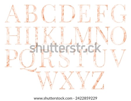 Hand drawn watercolor Peach  alphabet font isolated on white background. For print, postcard, sketchbook cover, poster, stickers, your design. Delicate letters for invitations, wedding, events. Royalty-Free Stock Photo #2422859229