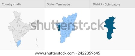 Coimbatore Map, Coimbatore district map, Tamil Nadu state map, showing its cities, Indian map, vector, EPS, illustrator,  Government of India, politics, natural beauty, tourists,  Royalty-Free Stock Photo #2422859645